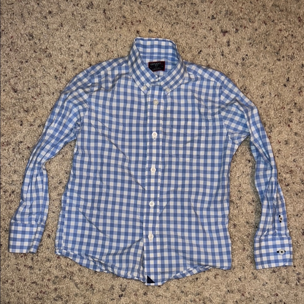UNTUCKit White Blue Checkered Bots Button Down Shirt Size 6-7